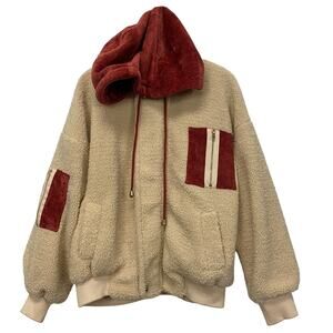 J.O.A Womens Faux Fur Patched Pocket Zip Hooded Teddy Coat Light Coffee Small